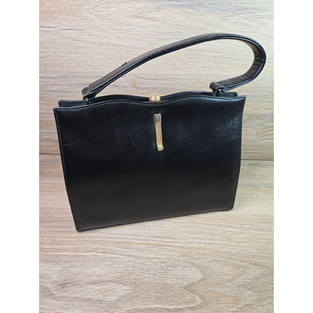 ​Vtg 50s Black Leather Kelly Frame Purse Bag Canada Made Mad Men  Flawed